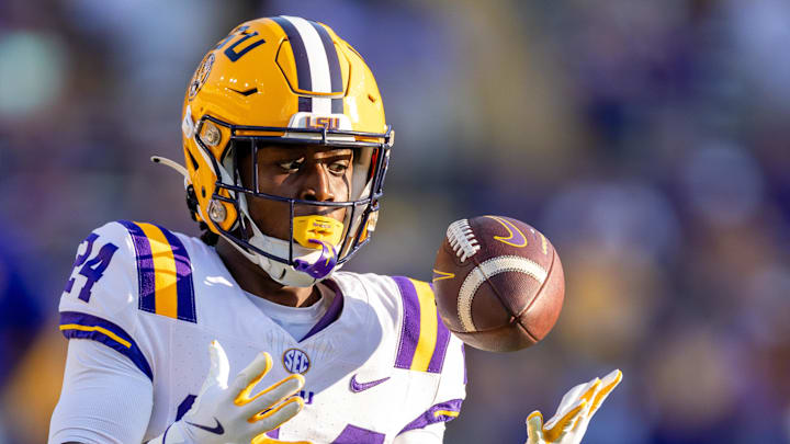 Sep 6, 2025; Baton Rouge, Louisiana, USA;  LSU Tigers safety Jacob Bradford (24) during warmups before the game against Louisiana Tech Bulldogs at Tiger Stadium.