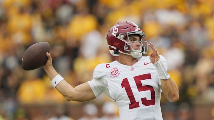Oct 11, 2025; Columbia, Missouri, USA; Alabama Crimson Tide quarterback Ty Simpson (15) throws against the Missouri Tigers during the first half of the game at Faurot Field at Memorial Stadium. Mandatory Credit: Jay Biggerstaff-Imagn Images Oct 11, 2025; Columbia, Missouri, USA; Alabama Crimson Tide quarterback Ty Simpson (15) throws against the Missouri Tigers during the first half of the game at Faurot Field at Memorial Stadium. Mandatory Credit: Jay Biggerstaff-Imagn Images