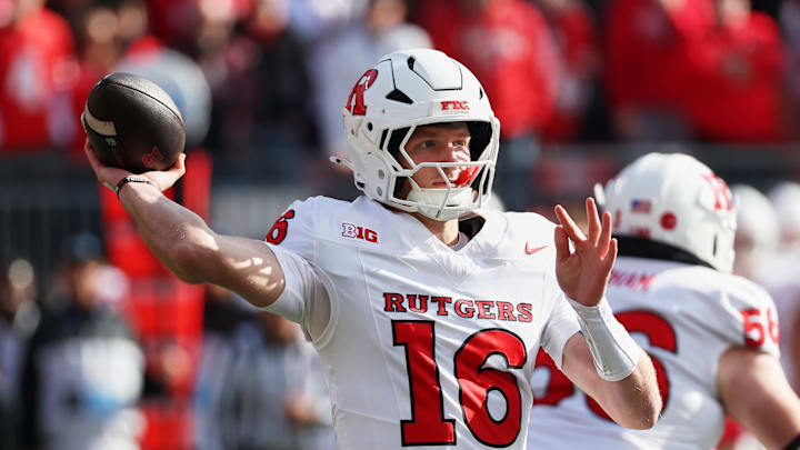 Nov 22, 2025; Columbus, Ohio, USA; Rutgers Scarlet Knights quarterback Athan Kaliakmanis (16) throws a pass against the Ohio State Buckeyes during the first quarter at Ohio Stadium. Mandatory Credit: Joseph Maiorana-Imagn Images
