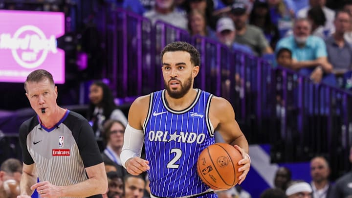 Oct 24, 2025; Orlando, Florida, USA; Orlando Magic guard Tyus Jones (2) brings the ball up court during the second half against the Atlanta Hawks at Kia Center. Mandatory Credit: Mike Watters-Imagn Images