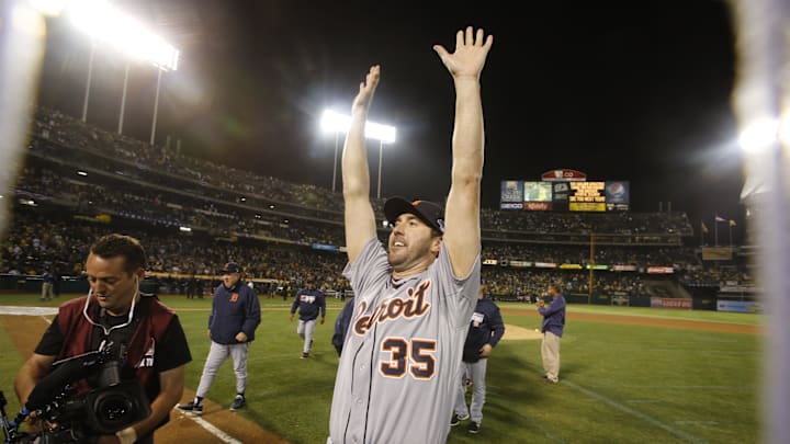 Detroit Tigers pitcher Justin Verlander celebrates the 3-0 win against the Oakland Athletics in Game 5 of the ALDS in Oakland, Thursday, Oct. 10, 2013. Detroit Tigers pitcher Justin Verlander celebrates the 3-0 win against the Oakland Athletics in Game 5 of the ALDS in Oakland, Thursday, Oct. 10, 2013.