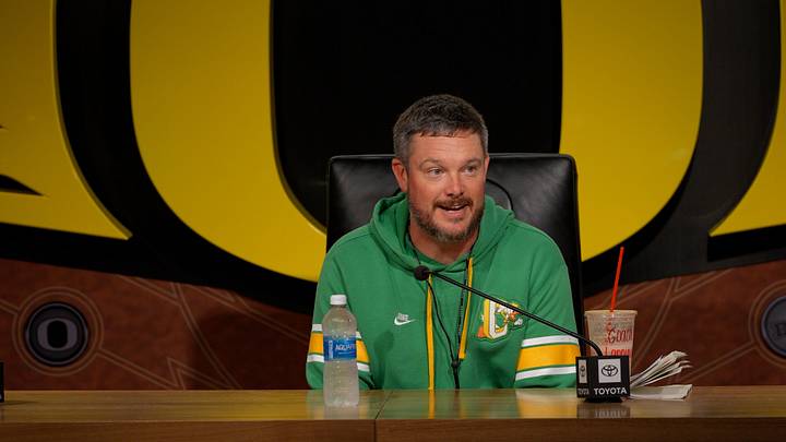 Oregon football coach Dan Lanning speaks during a press availability on Aug. 26, 2026, at the Hatfield-Dowlin Complex in Eugene.