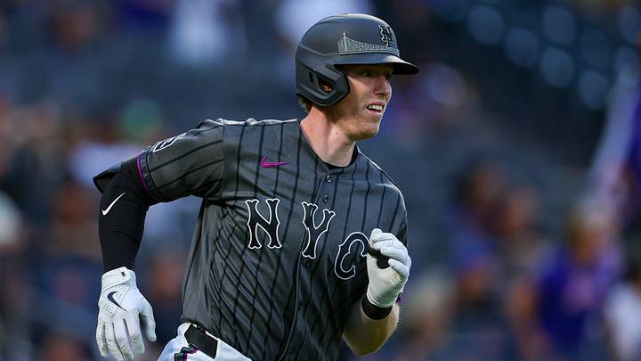 Sep 5, 2026; New York City, New York, USA;  New York Mets third baseman Brett Baty (7) hits a two-run double during the ninth inning against the San Francisco Giants at Citi Field. Mandatory Credit: Vincent Carchietta-Imagn Images