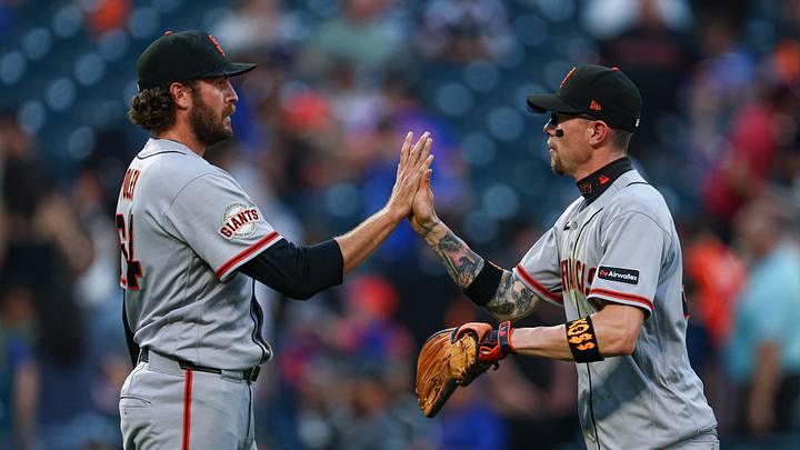 Sep 5, 2026; New York City, New York, USA; San Francisco Giants shortstop Christian Koss (50) celebrates with pitcher Jason Foley (64) after defeating the New York Mets at Citi Field. Mandatory Credit: Vincent Carchietta-Imagn Images Sep 5, 2026; New York City, New York, USA; San Francisco Giants shortstop Christian Koss (50) celebrates with pitcher Jason Foley (64) after defeating the New York Mets at Citi Field. Mandatory Credit: Vincent Carchietta-Imagn Images