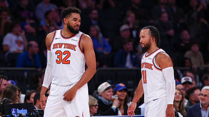Oct 15, 2026; New York, New York, USA; New York Knicks center Karl-Anthony Towns (32) talks with point guard Jalen Brunson (11) during the second half against the Toronto Raptors at Madison Square Garden. Mandatory Credit: Vincent Carchietta-Imagn Images Oct 15, 2026; New York, New York, USA; New York Knicks center Karl-Anthony Towns (32) talks with point guard Jalen Brunson (11) during the second half against the Toronto Raptors at Madison Square Garden. Mandatory Credit: Vincent Carchietta-Imagn Images