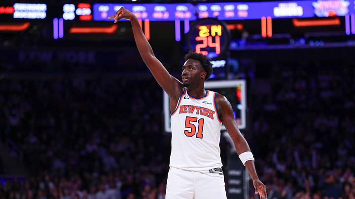 Oct 15, 2026; New York, New York, USA;  New York Knicks small forward Mohamed Diawara (51) looks up after a shot during the second half against the Toronto Raptors at Madison Square Garden.  Mandatory Credit: Vincent Carchietta-Imagn Images