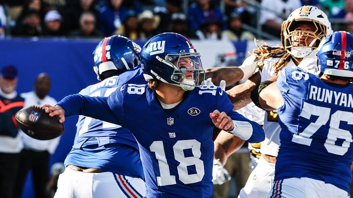 Oct 18, 2026; East Rutherford, New Jersey, USA; New York Giants quarterback J.J. McCarthy (18) throws a pass during the second half against the New Orleans Saints at MetLife Stadium. Oct 18, 2026; East Rutherford, New Jersey, USA; New York Giants quarterback J.J. McCarthy (18) throws a pass during the second half against the New Orleans Saints at MetLife Stadium.