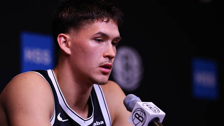 Sep 28, 2026; Brooklyn, NY, USA; Brooklyn Nets guard Egor Demin (8) talks with media at Brooklyn Nets HSS Training Center. Mandatory Credit: Vincent Carchietta-Imagn Images