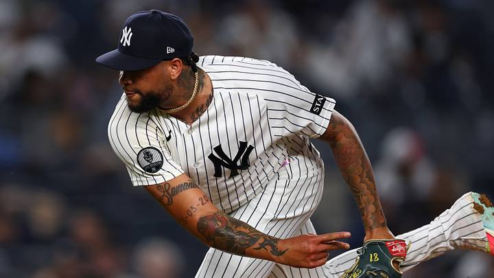 Sep 10, 2026; Bronx, New York, USA;  New York Yankees pitcher Luis Gil (81) pitches against the Colorado Rockies during the eighth inning at Yankee Stadium.  Mandatory Credit: Vincent Carchietta-Imagn Images