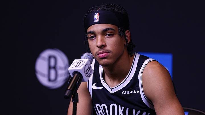 Sep 28, 2026; Brooklyn, NY, USA; Brooklyn Nets Mikel Brown Jr. (0) talks with media at Brooklyn Nets HSS Training Center.