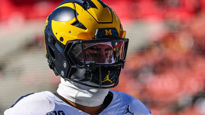 Oct 31, 2026; Piscataway, New Jersey, USA;  Michigan Wolverines defensive end Dominic Nichols (8) warms up before the game against the Rutgers Scarlet Knights at SHI Stadium. Mandatory Credit: Vincent Carchietta-Imagn Images