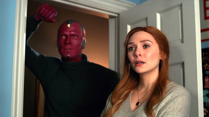 Paul Bettany as Vision and Elizabeth Olsen as Wanda Maximoff in Marvel Studios' WANDAVISION exclusively on Disney+