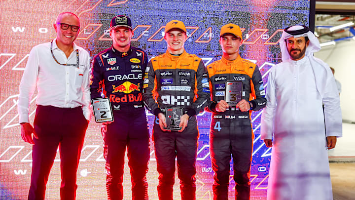Stefano Domenicali, Max Verstappen, Oscar Piastri, Lando Norris, Mohammed Ben Sulayem