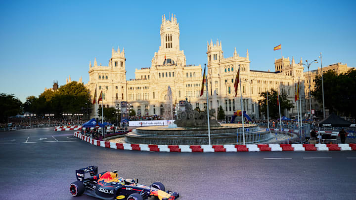 Sergio "Checo" Perez performs during Red Bull Showrun in Madrid, Spain on 15 July 2023. Sergio "Checo" Perez performs during Red Bull Showrun in Madrid, Spain on 15 July 2023.
