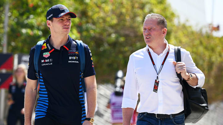 Max Verstappen of the Netherlands and Oracle Red Bull Racing and Jos Verstappen walk in the Paddock prior to practice ahead of the F1 Grand Prix of Bahrain at Bahrain International Circuit on February 29, 2024 in Bahrain, Bahrain. 