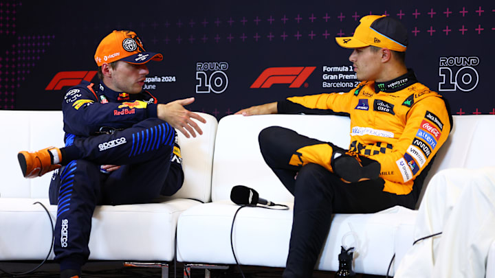 2nd placed qualifier Max Verstappen of the Netherlands and Oracle Red Bull Racing and Pole position qualifier Lando Norris of Great Britain and McLaren attend the press conference after qualifying ahead of the F1 Grand Prix of Spain at Circuit de Barcelona-Catalunya on June 22, 2024 in Barcelona, Spain. (Photo by Clive Rose/Getty Images)