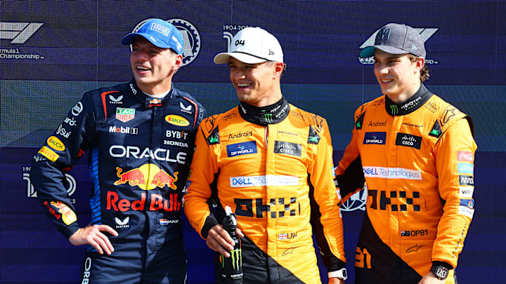 Second placed qualifier Max Verstappen of the Netherlands and Oracle Red Bull Racing, pole position qualifier Lando Norris of Great Britain and McLaren and third placed qualifier Oscar Piastri of Australia and McLaren react in parc ferme after qualifying ahead of the F1 Grand Prix of Netherlands at Circuit Zandvoort on August 24, 2024 in Zandvoort, Netherlands.