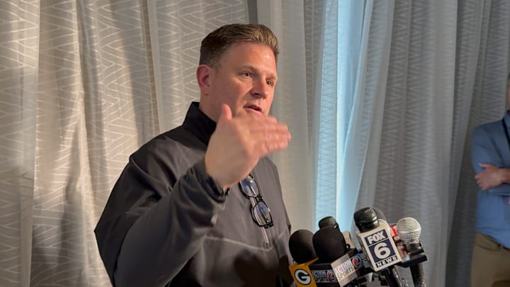 Green Bay Packers GM Brian Gutekunst talks to reporters at the Scouting Combine.