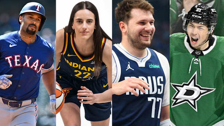 It's a huge night for DFW sports viewing, with four games of interest overlapping Friday night, starting with Marcus Semien, left, and the Texas Rangers playing the Kansas City Royals and ending with Jason Robertson, right, and the Dallas Stars going for a series-clinching win at the Vegas Golden Knights. Caitlin Clark, second from left, makes her WNBA debut in a preseason game against the Dallas Wings, and Luka Doncic, second from right, tries to lead the Mavs to a series win over the Clippers. It's a huge night for DFW sports viewing, with four games of interest overlapping Friday night, starting with Marcus Semien, left, and the Texas Rangers playing the Kansas City Royals and ending with Jason Robertson, right, and the Dallas Stars going for a series-clinching win at the Vegas Golden Knights. Caitlin Clark, second from left, makes her WNBA debut in a preseason game against the Dallas Wings, and Luka Doncic, second from right, tries to lead the Mavs to a series win over the Clippers.