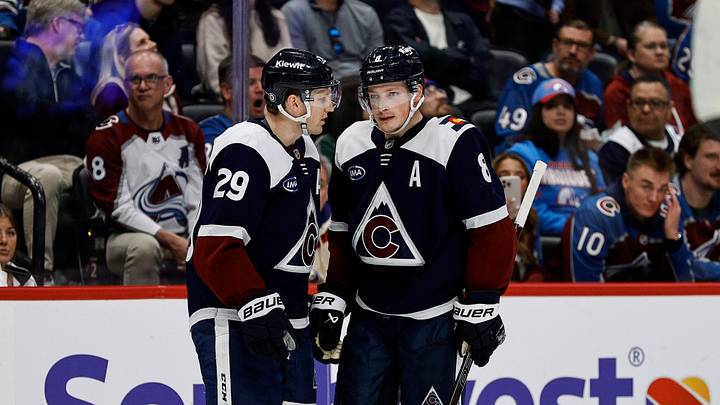 Mar 16, 2025; Denver, Colorado, USA; Colorado Avalanche center Nathan MacKinnon (29) and defenseman Cale Makar (8) in the second period against the Dallas Stars at Ball Arena. Mandatory Credit: Isaiah J. Downing-Imagn Images