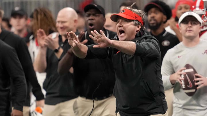 Dec 2, 2023; Atlanta, GA, USA; Georgia Bulldogs head coach Kirby Smart reacts during the second half in the SEC Championship game against the Alabama Crimson Tide at Mercedes-Benz Stadium. Mandatory Credit: Dale Zanine-USA TODAY Sports Dec 2, 2023; Atlanta, GA, USA; Georgia Bulldogs head coach Kirby Smart reacts during the second half in the SEC Championship game against the Alabama Crimson Tide at Mercedes-Benz Stadium. Mandatory Credit: Dale Zanine-USA TODAY Sports