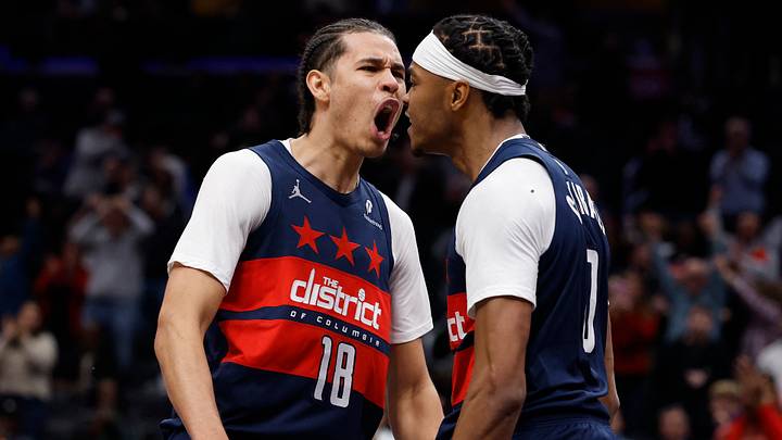 Dec 1, 2025; Washington, District of Columbia, USA; Washington Wizards guard Bilal Coulibaly (0) celebrates with Wizards forward Kyshawn George (18) after scoring while being fouled by Milwaukee Bucks forward Giannis Antetokounmpo (not pictured) in the final seconds of the fourth quarter at Capital One Arena. Mandatory Credit: Geoff Burke-Imagn Images Dec 1, 2025; Washington, District of Columbia, USA; Washington Wizards guard Bilal Coulibaly (0) celebrates with Wizards forward Kyshawn George (18) after scoring while being fouled by Milwaukee Bucks forward Giannis Antetokounmpo (not pictured) in the final seconds of the fourth quarter at Capital One Arena. Mandatory Credit: Geoff Burke-Imagn Images