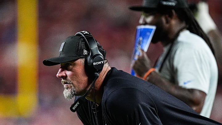 Detroit Lions head coach Dan Campbell watches a play against Kansas City Chiefs next to defensive coordinator Kelvin Sheppard during the second half at Arrowhead Stadium in Kansas City, Missouri on Sunday, Oct. 12, 2025.