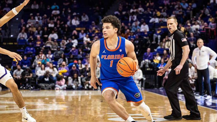Feb 22, 2025; Baton Rouge, Louisiana, USA;  Florida Gators guard Walter Clayton Jr. (1) brings the ball up court against the LSU Tigers during the second half at Pete Maravich Assembly Center. Mandatory Credit: Stephen Lew-Imagn Images