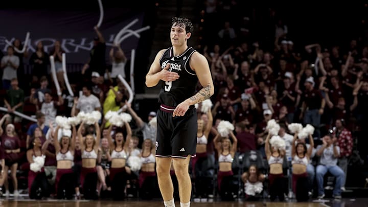 Nov 21, 2025; College Station, Texas, USA; Texas A&M Aggies guard Ruben Dominguez (9) reacts during the second half against the Manhattan Jaspers at Reed Arena. Mandatory Credit: Maria Lysaker-Imagn Images 