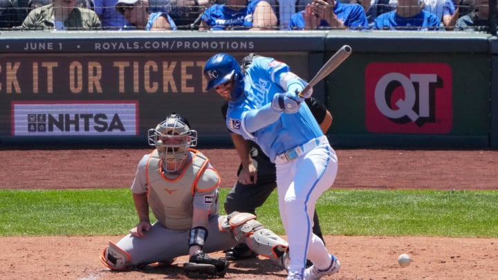 May 22, 2024; Kansas City, Missouri, USA; Kansas City Royals shortstop Bobby Witt Jr. (7) at bat against the Detroit Tigers in the third inning at Kauffman Stadium. Mandatory Credit: Denny Medley-USA TODAY Sports May 22, 2024; Kansas City, Missouri, USA; Kansas City Royals shortstop Bobby Witt Jr. (7) at bat against the Detroit Tigers in the third inning at Kauffman Stadium. Mandatory Credit: Denny Medley-USA TODAY Sports