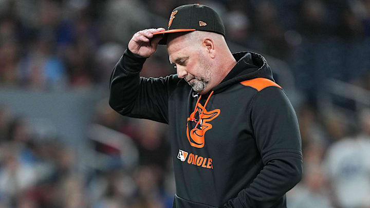 Mar 28, 2025; Toronto, Ontario, CAN; Baltimore Orioles manager Brandon Hyde (18) walks towards the dugout after a pitching change during the fourth inning against the Toronto Blue Jays.