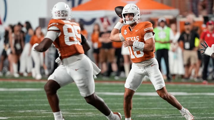 Sep 20, 2025; Austin, Texas, USA; Texas Longhorns quarterback Matthew Caldwell (18) throws a pass during the second half against the Sam Houston Bearkats at Darrell K Royal-Texas Memorial Stadium. Mandatory Credit: Scott Wachter-Imagn Images