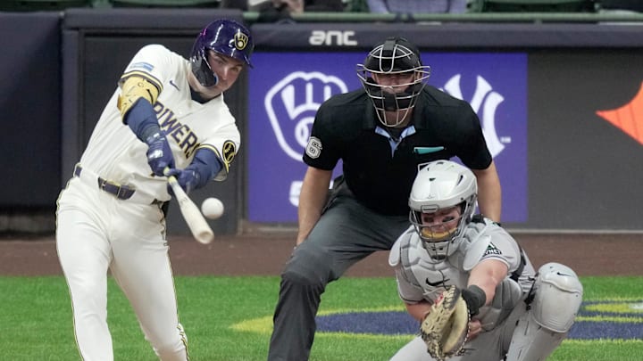 Milwaukee Brewers designated hitter Tyler Black (7) hits a two-run single during the fifth inning of their game against the Arizona Diamondbacks Tuesday, April 28, 2026 at American Family Field in Milwaukee, Wisconsin.