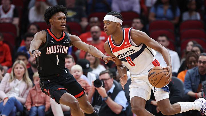 Mar 14, 2024; Houston, Texas, USA; Washington Wizards guard Bilal Coulibaly (0) dribbles the ball as Houston Rockets forward Amen Thompson (1) defends during the first quarter at Toyota Center. Mandatory Credit: Troy Taormina-USA TODAY Sports Mar 14, 2024; Houston, Texas, USA; Washington Wizards guard Bilal Coulibaly (0) dribbles the ball as Houston Rockets forward Amen Thompson (1) defends during the first quarter at Toyota Center. Mandatory Credit: Troy Taormina-USA TODAY Sports