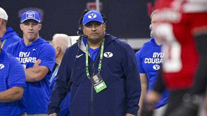 Dec 6, 2025; Arlington, TX, USA; BYU Cougars head coach Kalani Sitake looks on during the game between the Red Raiders and the Cougars at AT&T Stadium. Mandatory Credit: Jerome Miron-Imagn Images