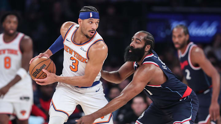 Mar 26, 2025; New York, New York, USA; New York Knicks guard Josh Hart (3) is guarded by LA Clippers guard James Harden (1) in the first quarter at Madison Square Garden. Mandatory Credit: Wendell Cruz-Imagn Images Mar 26, 2025; New York, New York, USA; New York Knicks guard Josh Hart (3) is guarded by LA Clippers guard James Harden (1) in the first quarter at Madison Square Garden. Mandatory Credit: Wendell Cruz-Imagn Images