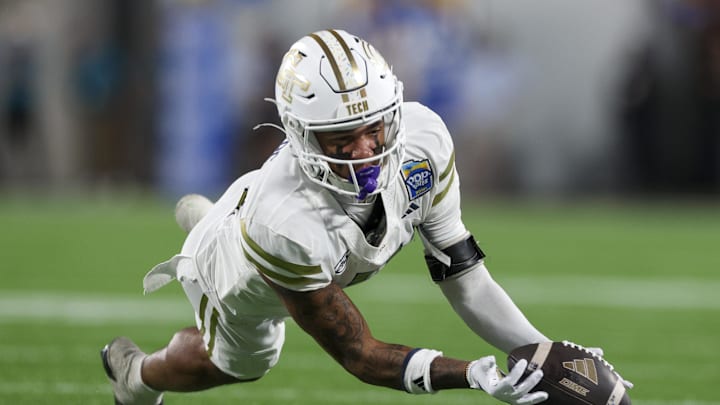 Dec 27, 2025; Orlando, FL, USA; Georgia Tech Yellow Jackets wide receiver Eric Rivers (3) catches a pass against the BYU Cougars in the third quarter during the Pop-Tarts Bowl at Camping World Stadium. Mandatory Credit: Nathan Ray Seebeck-Imagn Images