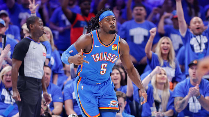May 18, 2025; Oklahoma City, Oklahoma, USA; Oklahoma City Thunder guard Luguentz Dort (5) gestures after scoring against the Denver Nuggets in the second quarter during game seven of the second round for the 2025 NBA Playoffs at Paycom Center. Mandatory Credit: Alonzo Adams-Imagn Images