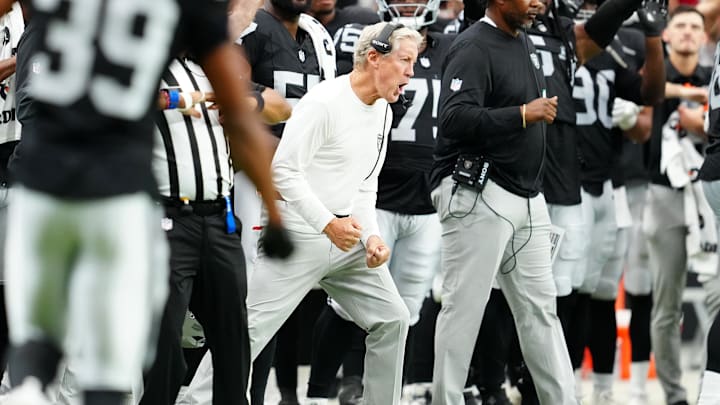 Aug 16, 2025; Paradise, Nevada, USA; Las Vegas Raiders head coach Pete Carroll reacts after a play against the San Francisco 49ers during the fourth quarter at Allegiant Stadium. Mandatory Credit: Stephen R. Sylvanie-Imagn Images
