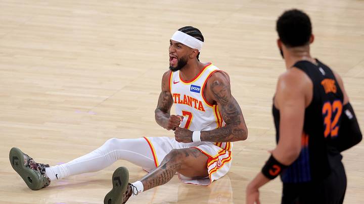 Apr 28, 2026; New York, New York, USA; Atlanta Hawks guard Nickeil Alexander-Walker (7) reacts in front of New York Knicks center Karl-Anthony Towns (32) after being fouled during the first quarter of game five of the first round of the 2026 NBA Playoffs at Madison Square Garden. Mandatory Credit: Brad Penner-Imagn Images Apr 28, 2026; New York, New York, USA; Atlanta Hawks guard Nickeil Alexander-Walker (7) reacts in front of New York Knicks center Karl-Anthony Towns (32) after being fouled during the first quarter of game five of the first round of the 2026 NBA Playoffs at Madison Square Garden. Mandatory Credit: Brad Penner-Imagn Images