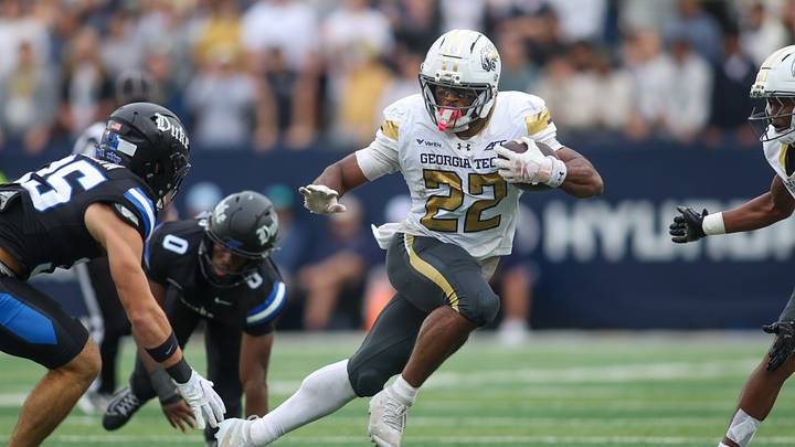 Oct 10, 2026; Atlanta, Georgia, USA; Georgia Tech Yellow Jackets running back Justice Haynes (22) runs the ball against the Duke Blue Devils in the first quarter at Bobby Dodd Stadium at Hyundai Field. Mandatory Credit: Brett Davis-Imagn Images Oct 10, 2026; Atlanta, Georgia, USA; Georgia Tech Yellow Jackets running back Justice Haynes (22) runs the ball against the Duke Blue Devils in the first quarter at Bobby Dodd Stadium at Hyundai Field. Mandatory Credit: Brett Davis-Imagn Images