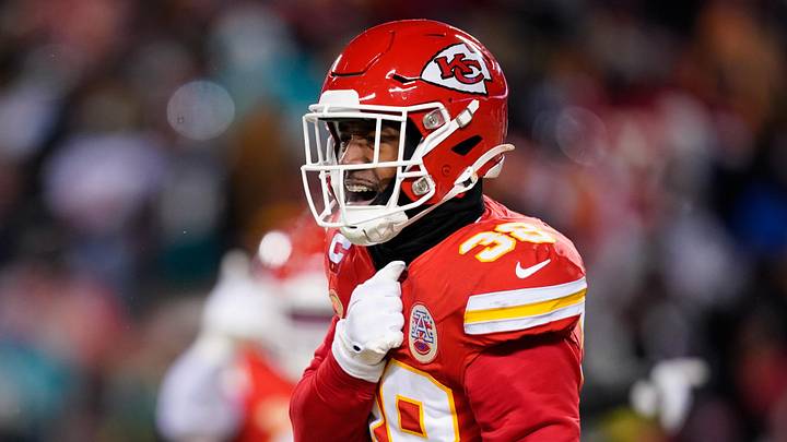 Jan 13, 2024; Kansas City, Missouri, USA; Kansas City Chiefs cornerback L'Jarius Sneed (38) reacts against the Miami Dolphins during the first half of the 2024 AFC wild card game at GEHA Field at Arrowhead Stadium. Mandatory Credit: Jay Biggerstaff-Imagn Images