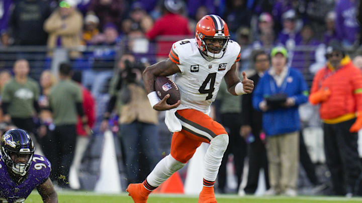 Nov 12, 2023; Baltimore, Maryland, USA;  Cleveland Browns quarterback Deshaun Watson (4) runs with
