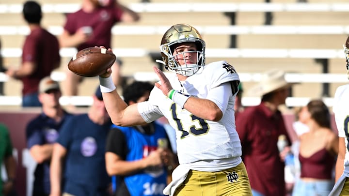Aug 31, 2024; College Station, Texas, USA; Notre Dame Fighting Irish quarterback Riley Leonard (13) warms up prior to the game against the Texas A&M Aggies at Kyle Field. Mandatory Credit: Maria Lysaker-Imagn Images