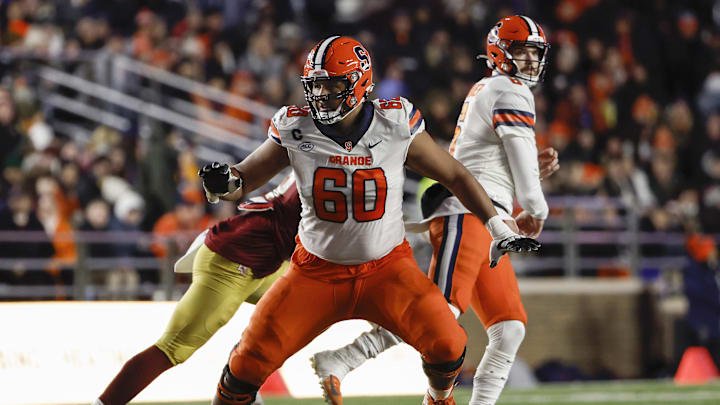Nov 26, 2022; Chestnut Hill, Massachusetts, USA; Syracuse Orange offensive lineman Matthew Bergeron