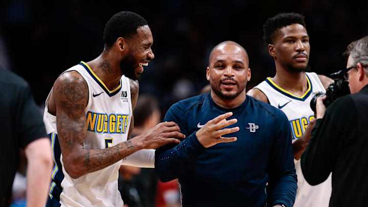 Mar 15, 2018; Denver, CO, USA; Detroit Pistons guard Jameer Nelson (41) greets Denver Nuggets forward Will Barton (5) after the game at the Pepsi Center. Mandatory Credit: Isaiah J. Downing-Imagn Images Mar 15, 2018; Denver, CO, USA; Detroit Pistons guard Jameer Nelson (41) greets Denver Nuggets forward Will Barton (5) after the game at the Pepsi Center. Mandatory Credit: Isaiah J. Downing-Imagn Images