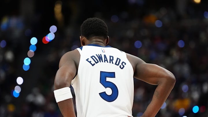 May 4, 2024; Denver, Colorado, USA; Minnesota Timberwolves guard Anthony Edwards (5) during the