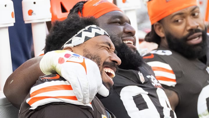 Nov 5, 2023; Cleveland, Ohio, USA; Cleveland Browns defensive end Myles Garrett (95) and defensive tackle Dalvin Tomlinson (94) celebrate during the second half against the Arizona Cardinals at Cleveland Browns Stadium. Mandatory Credit: Ken Blaze-USA TODAY Sports Nov 5, 2023; Cleveland, Ohio, USA; Cleveland Browns defensive end Myles Garrett (95) and defensive tackle Dalvin Tomlinson (94) celebrate during the second half against the Arizona Cardinals at Cleveland Browns Stadium. Mandatory Credit: Ken Blaze-USA TODAY Sports