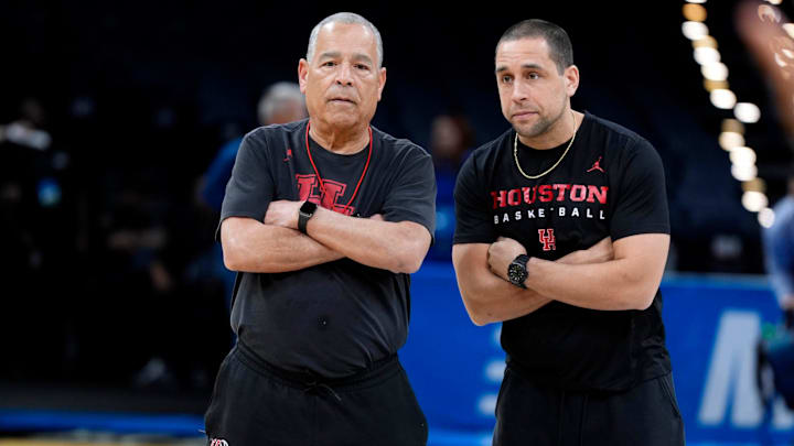 Houston coach Kelvin Sampson and his son, assistant Kellen Sampson, watch during a practice for the first round of the NCAA basketball tournament at Paycom Center in Oklahoma City, Wednesday, March 18, 2026. Houston coach Kelvin Sampson and his son, assistant Kellen Sampson, watch during a practice for the first round of the NCAA basketball tournament at Paycom Center in Oklahoma City, Wednesday, March 18, 2026.