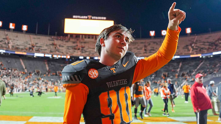 Tennessee place kicker Max Gilbert (90) points to the crowd after winning a NCAA football game between Tennessee Volunteers and New Mexico State Aggies at Neyland Stadium in Knoxville, Tenn., on Nov. 15, 2025.